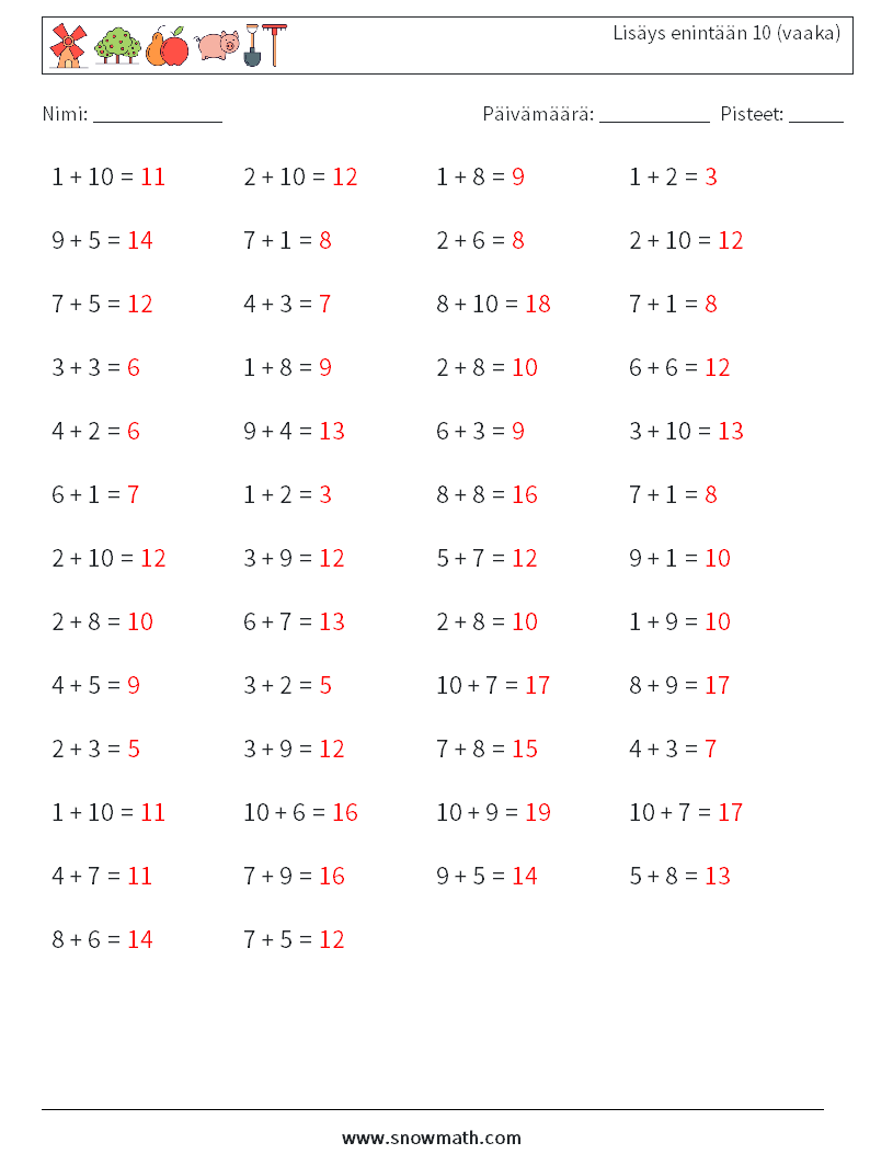 (50) Lisäys enintään 10 (vaaka) Matematiikan laskentataulukot 7 Kysymys, vastaus