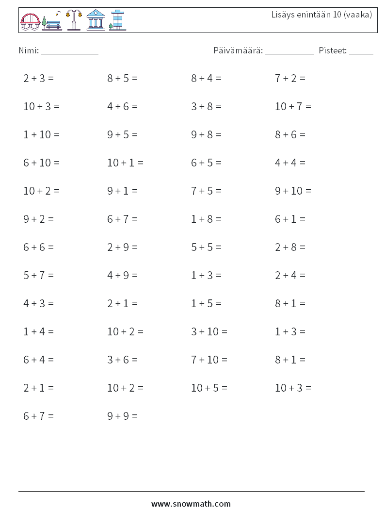 (50) Lisäys enintään 10 (vaaka) Matematiikan laskentataulukot 8
