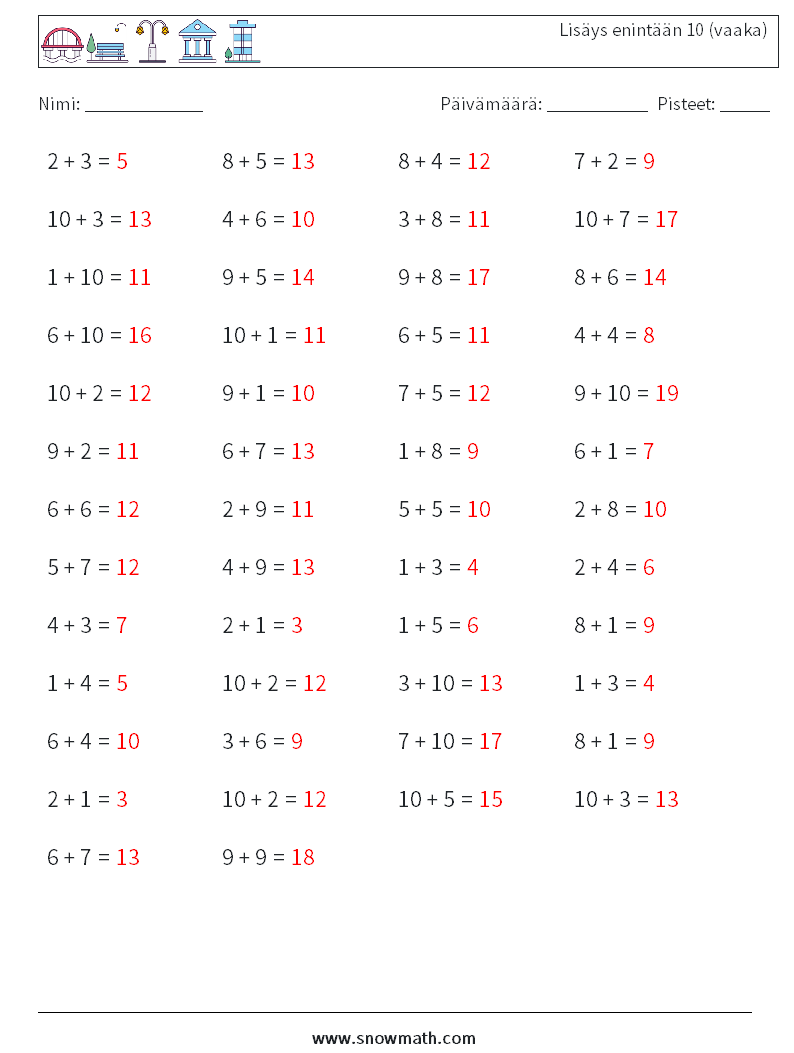 (50) Lisäys enintään 10 (vaaka) Matematiikan laskentataulukot 8 Kysymys, vastaus