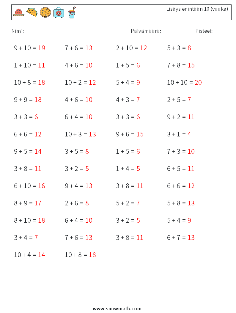 (50) Lisäys enintään 10 (vaaka) Matematiikan laskentataulukot 9 Kysymys, vastaus