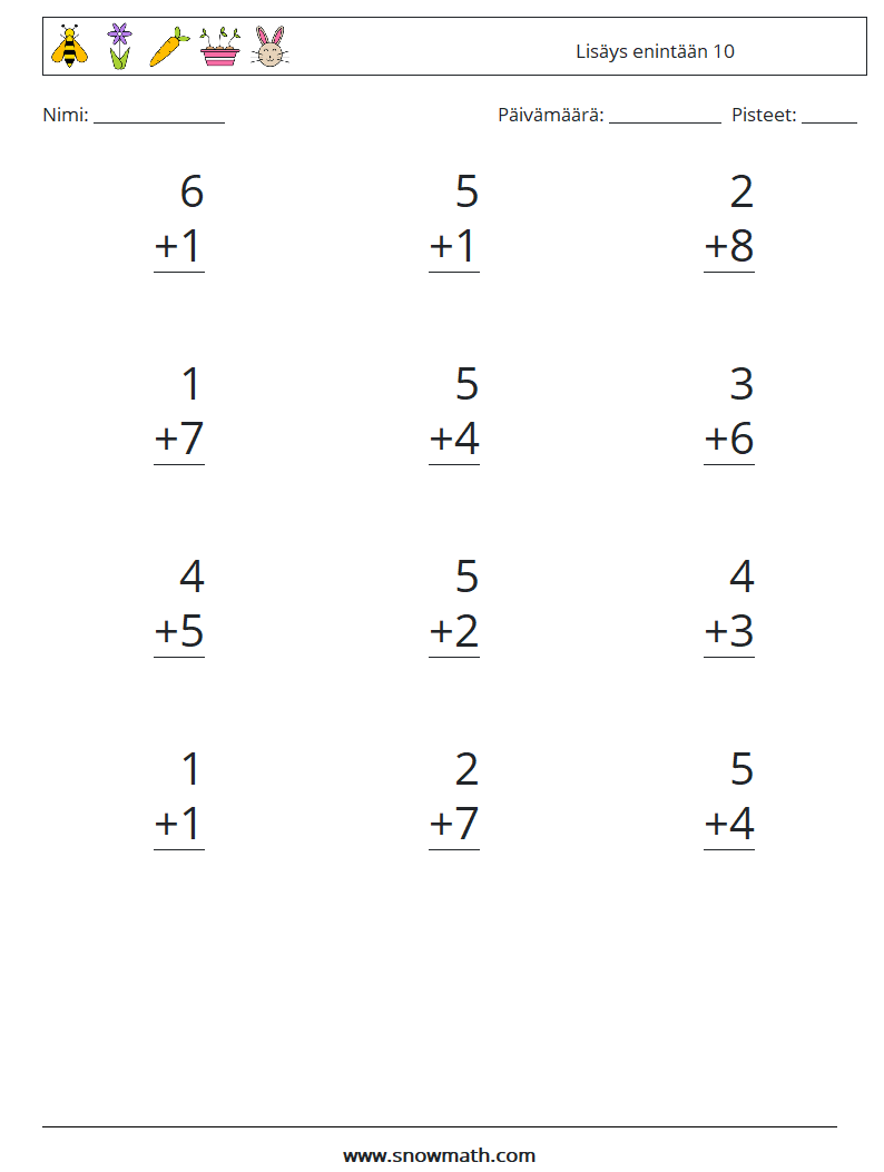 (12) Lisäys enintään 10 Matematiikan laskentataulukot 7
