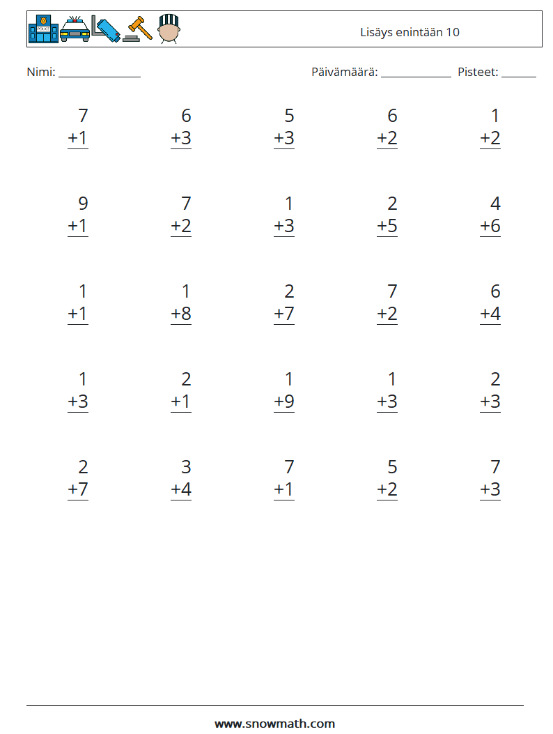 (25) Lisäys enintään 10 Matematiikan laskentataulukot 1