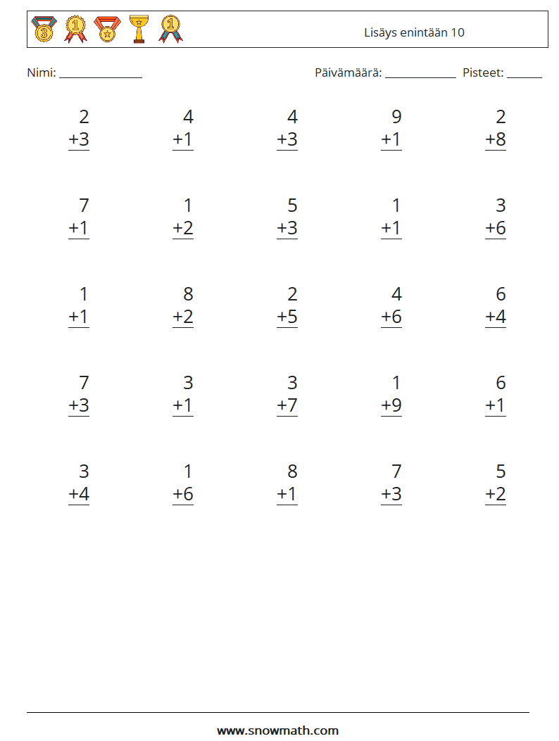 (25) Lisäys enintään 10 Matematiikan laskentataulukot 3