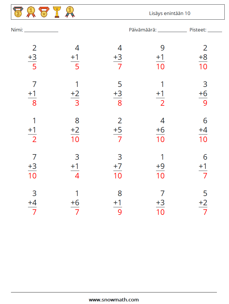 (25) Lisäys enintään 10 Matematiikan laskentataulukot 3 Kysymys, vastaus