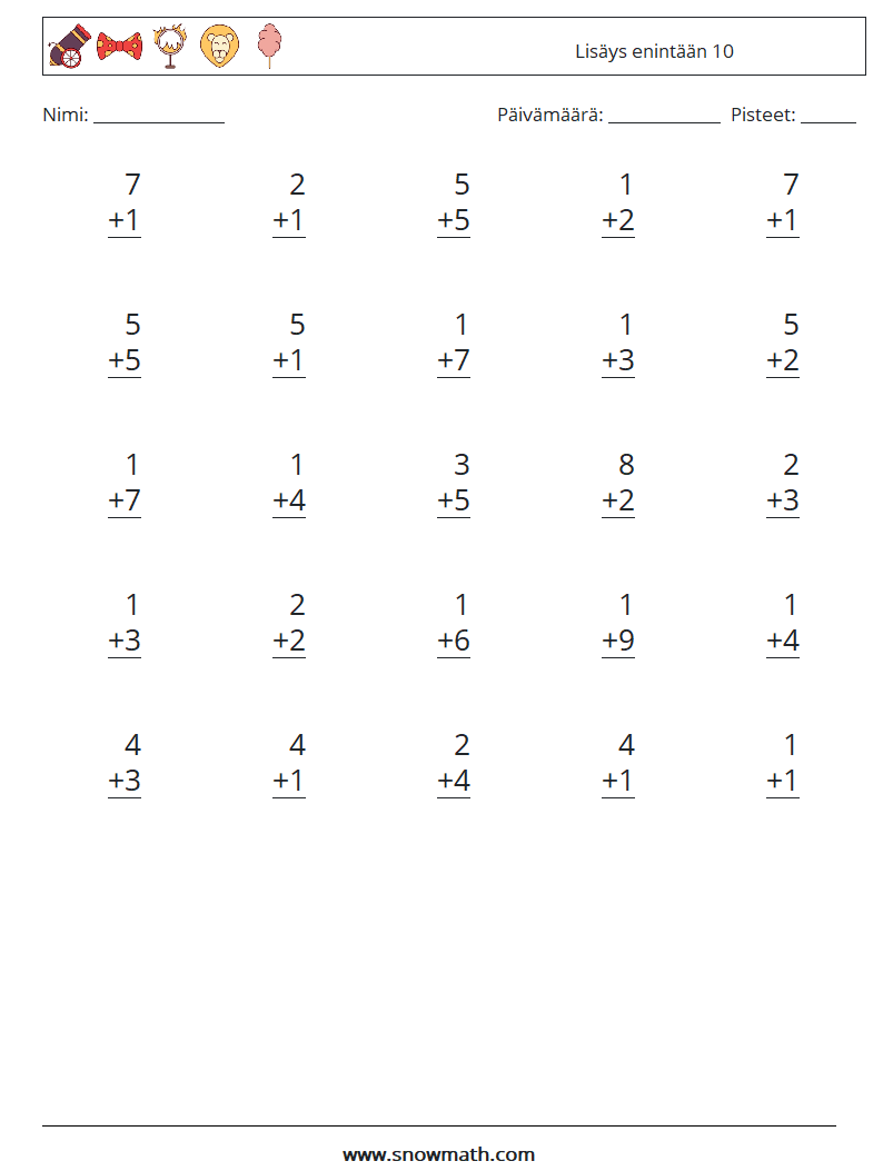 (25) Lisäys enintään 10 Matematiikan laskentataulukot 4