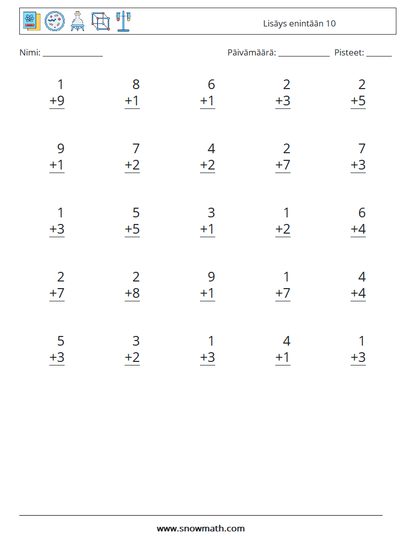 (25) Lisäys enintään 10 Matematiikan laskentataulukot 5