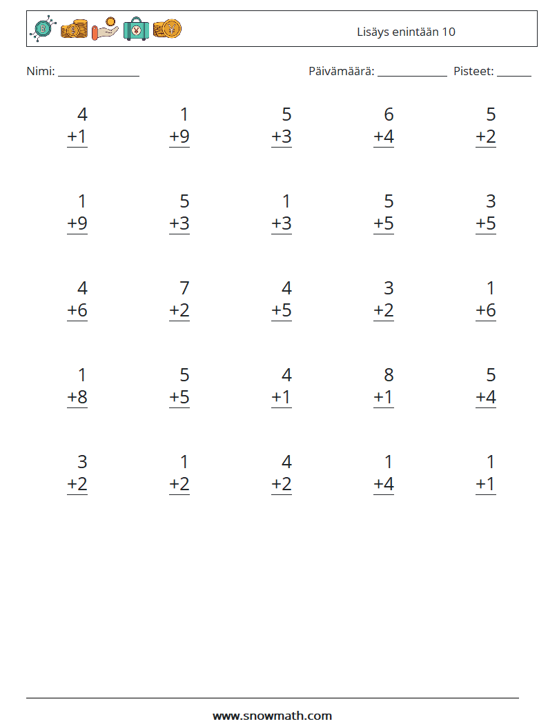 (25) Lisäys enintään 10 Matematiikan laskentataulukot 7