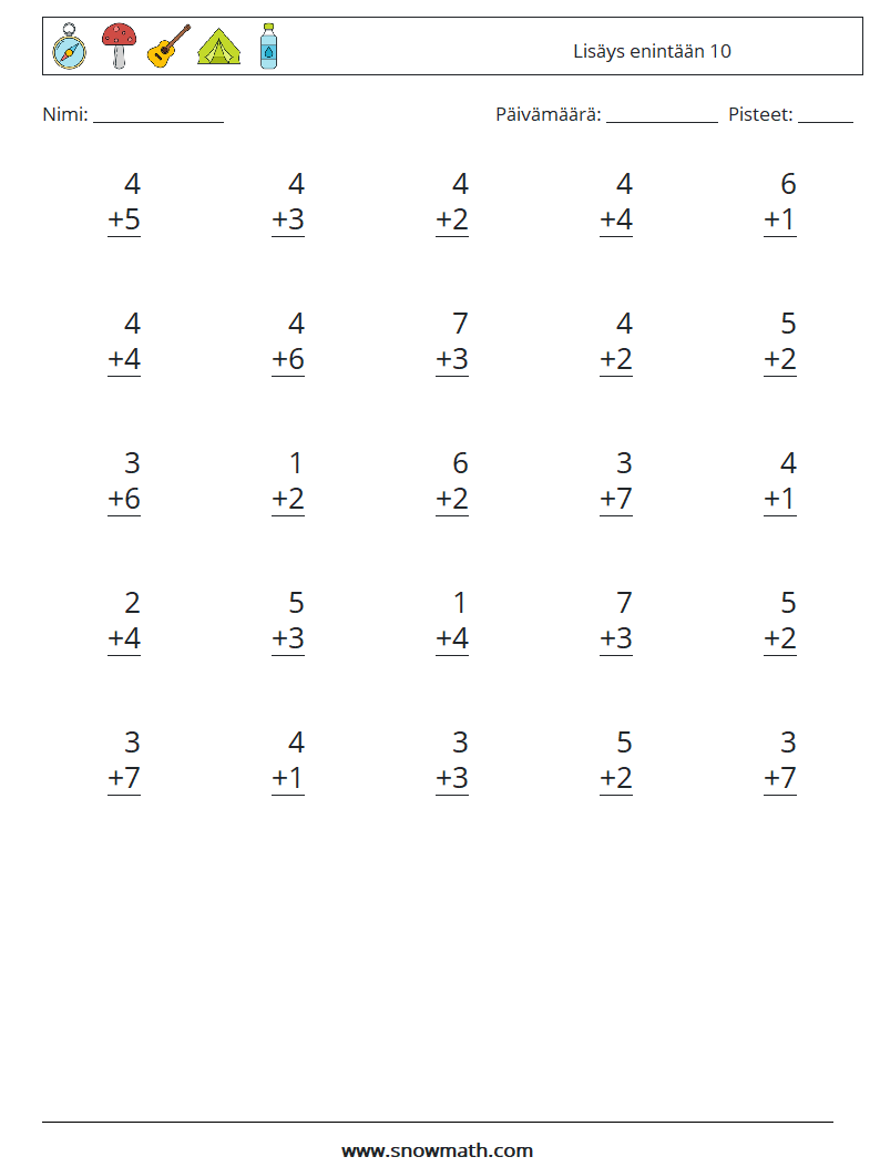 (25) Lisäys enintään 10 Matematiikan laskentataulukot 9