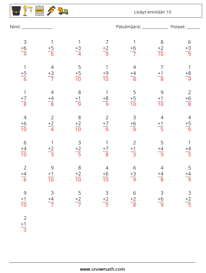 (50) Lisäys enintään 10 Matematiikan laskentataulukot 1 Kysymys, vastaus