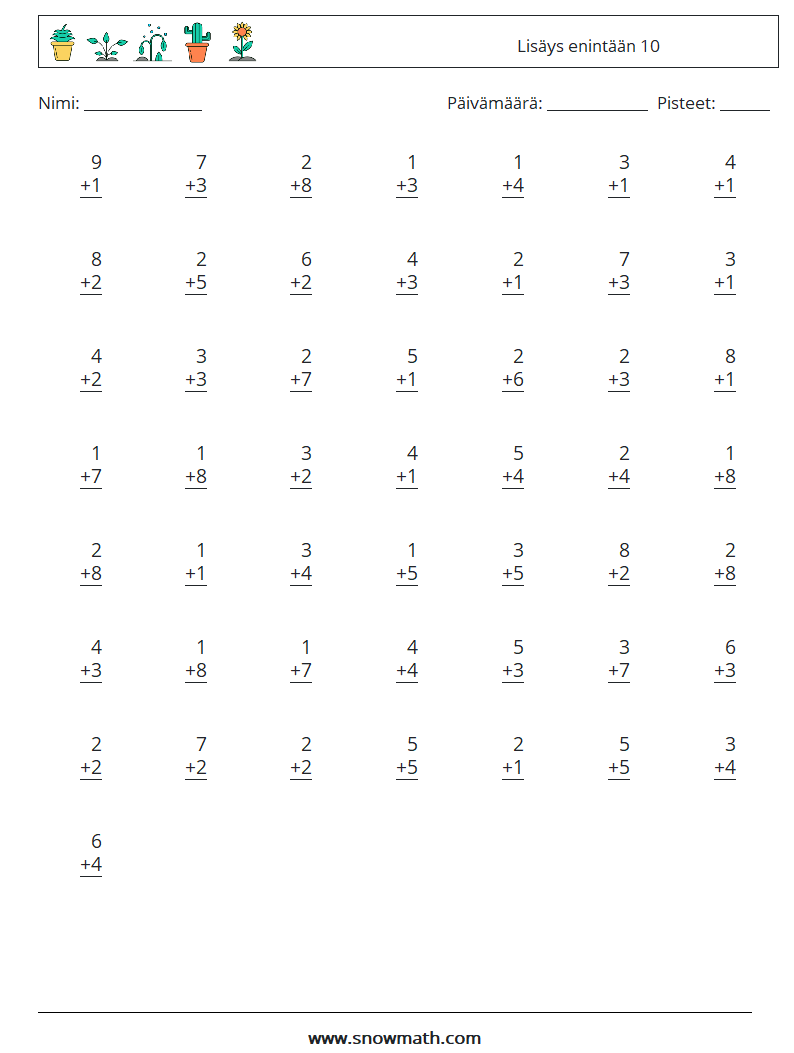 (50) Lisäys enintään 10 Matematiikan laskentataulukot 2