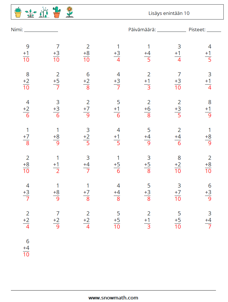 (50) Lisäys enintään 10 Matematiikan laskentataulukot 2 Kysymys, vastaus