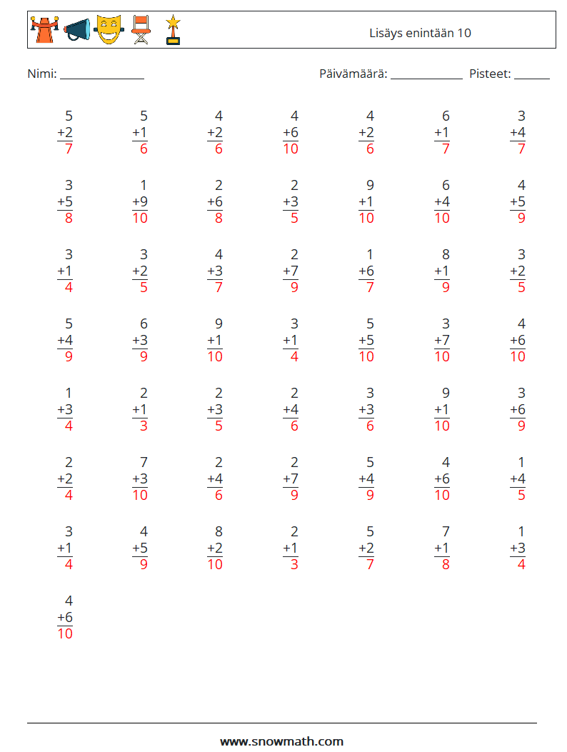 (50) Lisäys enintään 10 Matematiikan laskentataulukot 3 Kysymys, vastaus