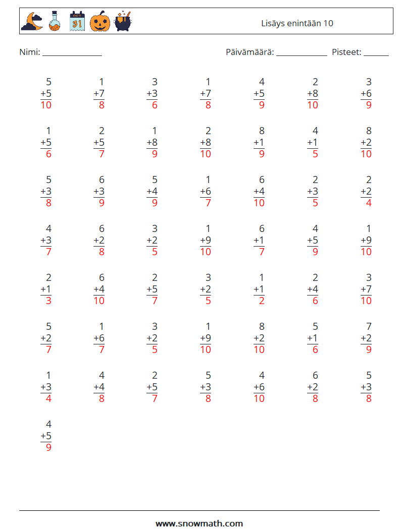 (50) Lisäys enintään 10 Matematiikan laskentataulukot 4 Kysymys, vastaus