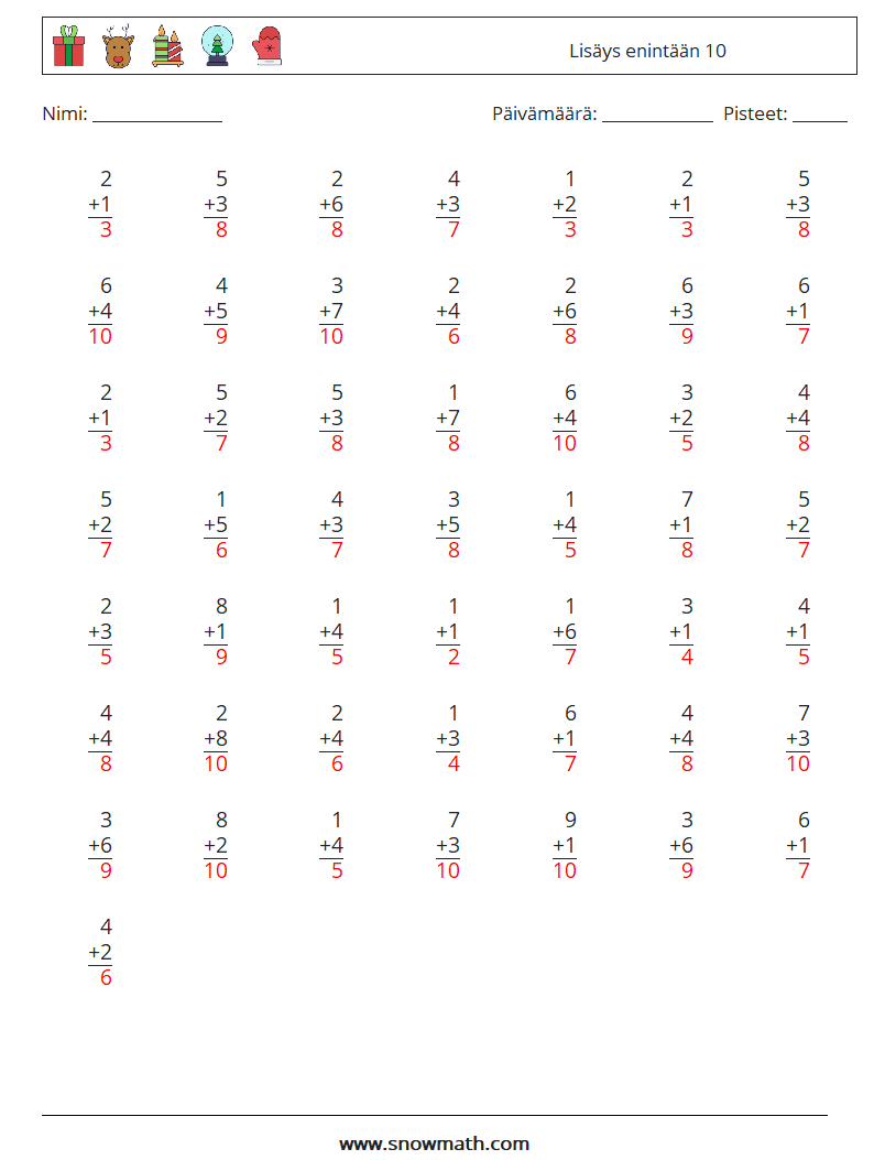 (50) Lisäys enintään 10 Matematiikan laskentataulukot 5 Kysymys, vastaus