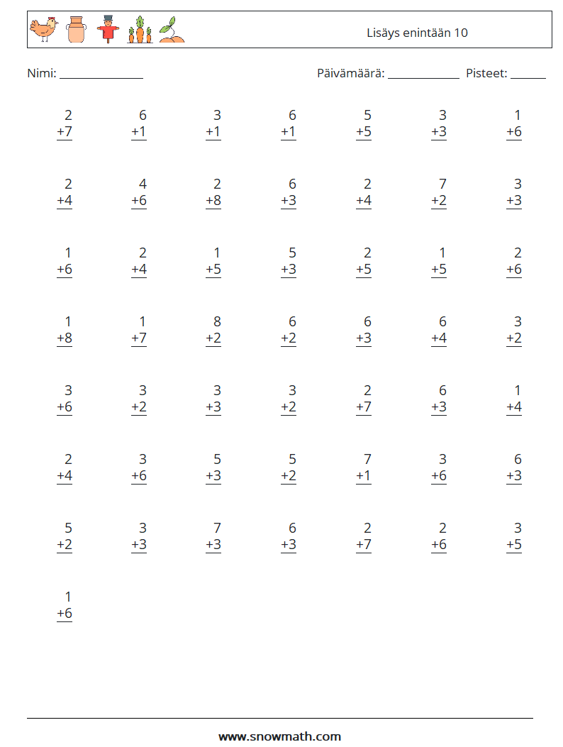 (50) Lisäys enintään 10 Matematiikan laskentataulukot 9