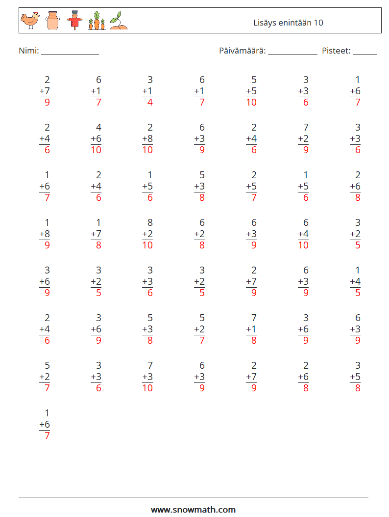 (50) Lisäys enintään 10 Matematiikan laskentataulukot 9 Kysymys, vastaus