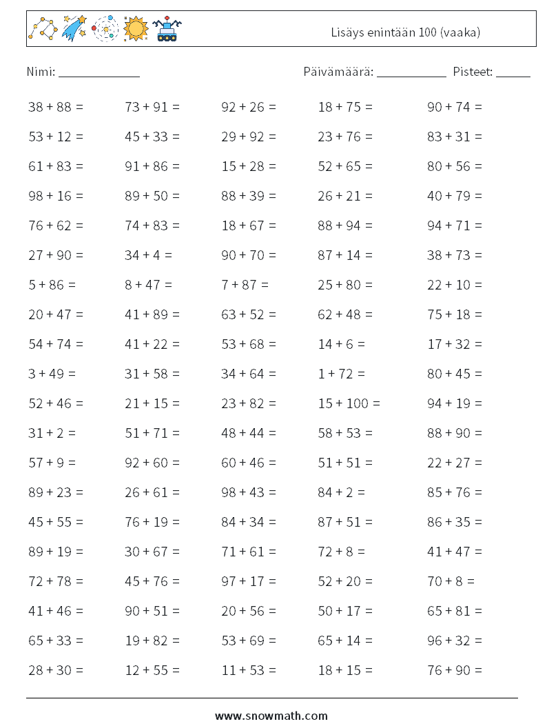 (100) Lisäys enintään 100 (vaaka) Matematiikan laskentataulukot 1