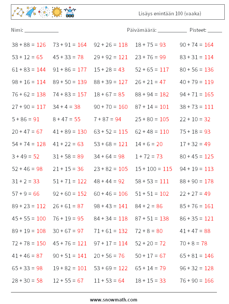 (100) Lisäys enintään 100 (vaaka) Matematiikan laskentataulukot 1 Kysymys, vastaus