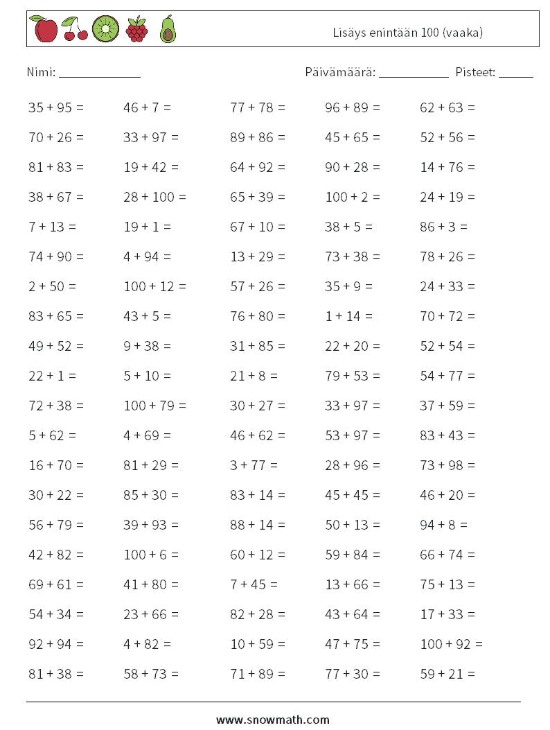 (100) Lisäys enintään 100 (vaaka) Matematiikan laskentataulukot 2