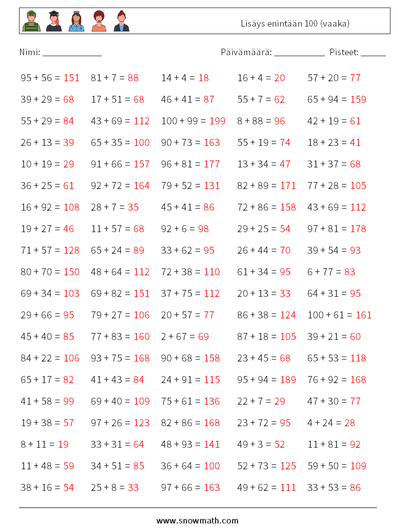 (100) Lisäys enintään 100 (vaaka) Matematiikan laskentataulukot 3 Kysymys, vastaus