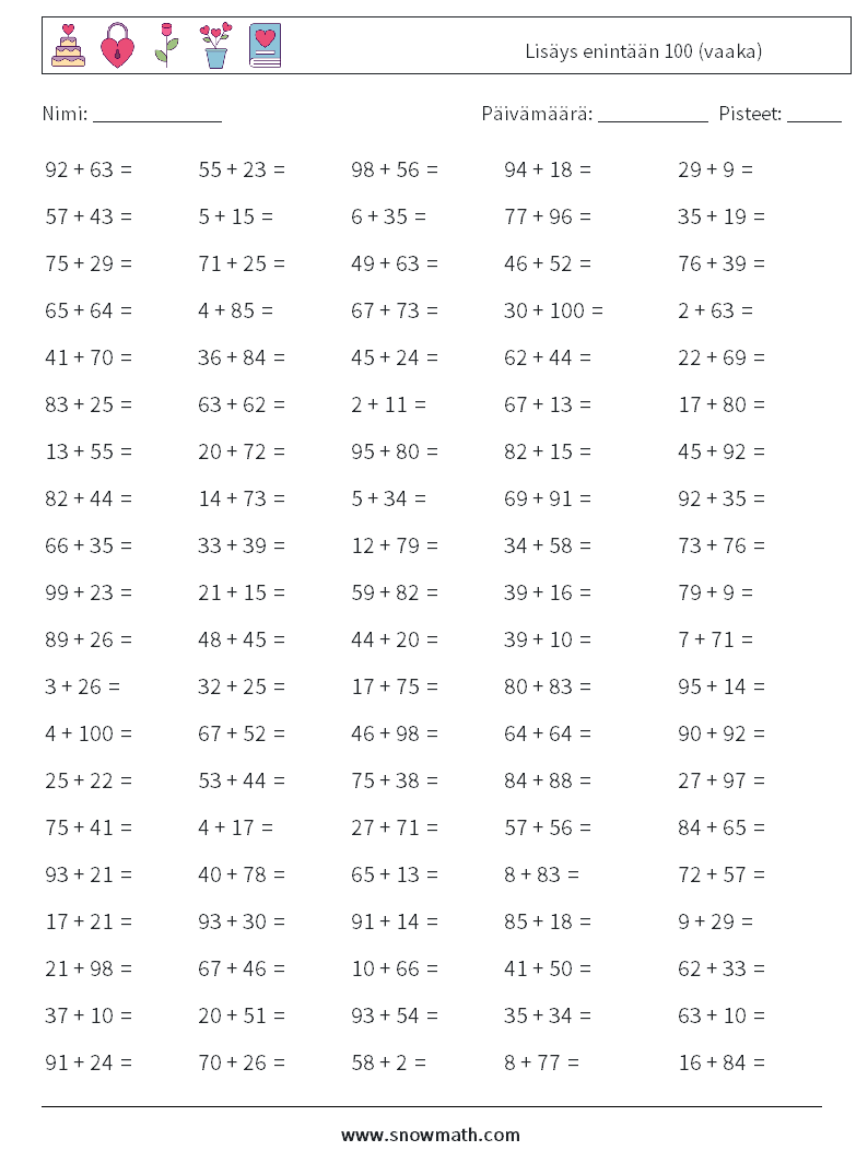 (100) Lisäys enintään 100 (vaaka) Matematiikan laskentataulukot 4