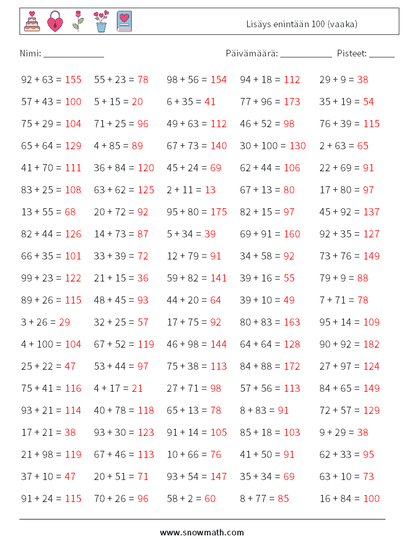 (100) Lisäys enintään 100 (vaaka) Matematiikan laskentataulukot 4 Kysymys, vastaus