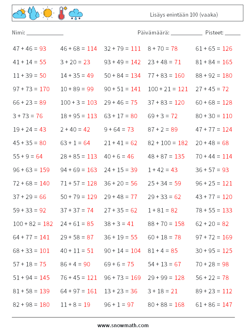 (100) Lisäys enintään 100 (vaaka) Matematiikan laskentataulukot 5 Kysymys, vastaus