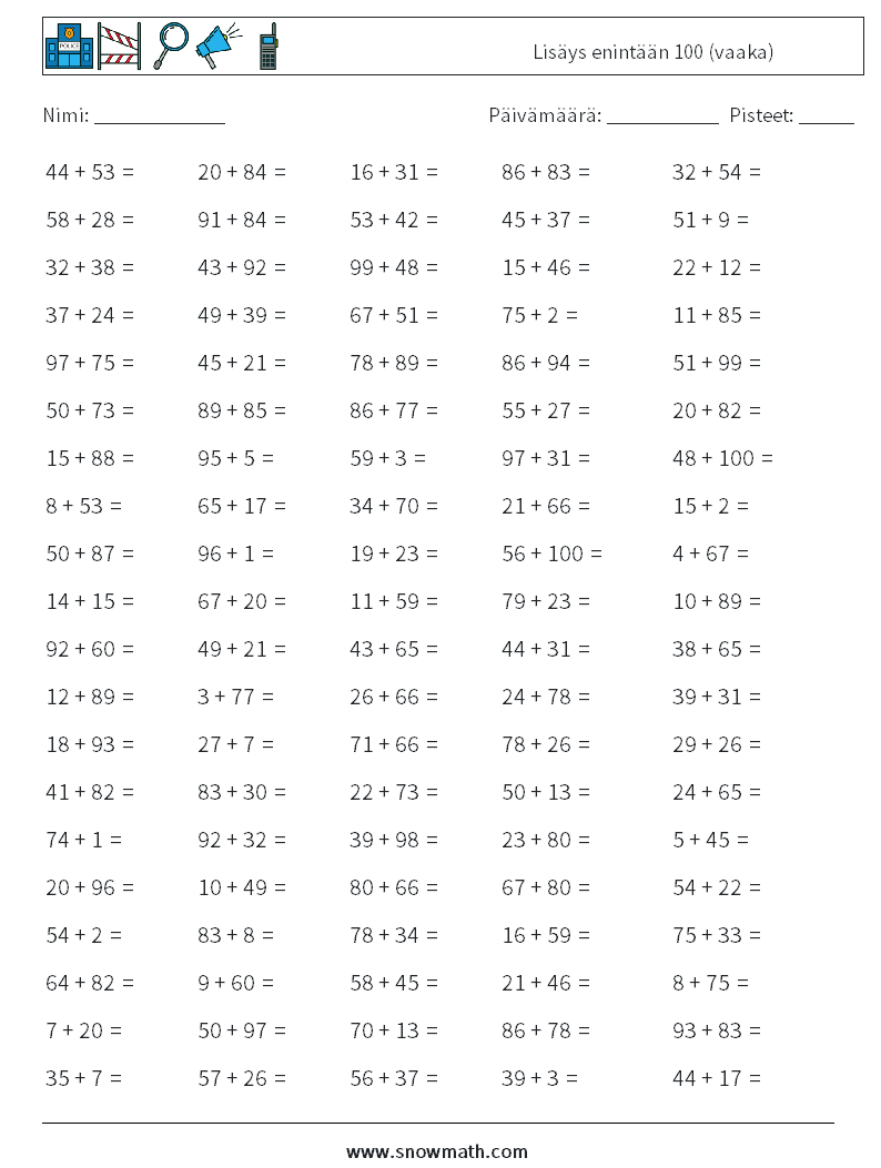 (100) Lisäys enintään 100 (vaaka) Matematiikan laskentataulukot 6