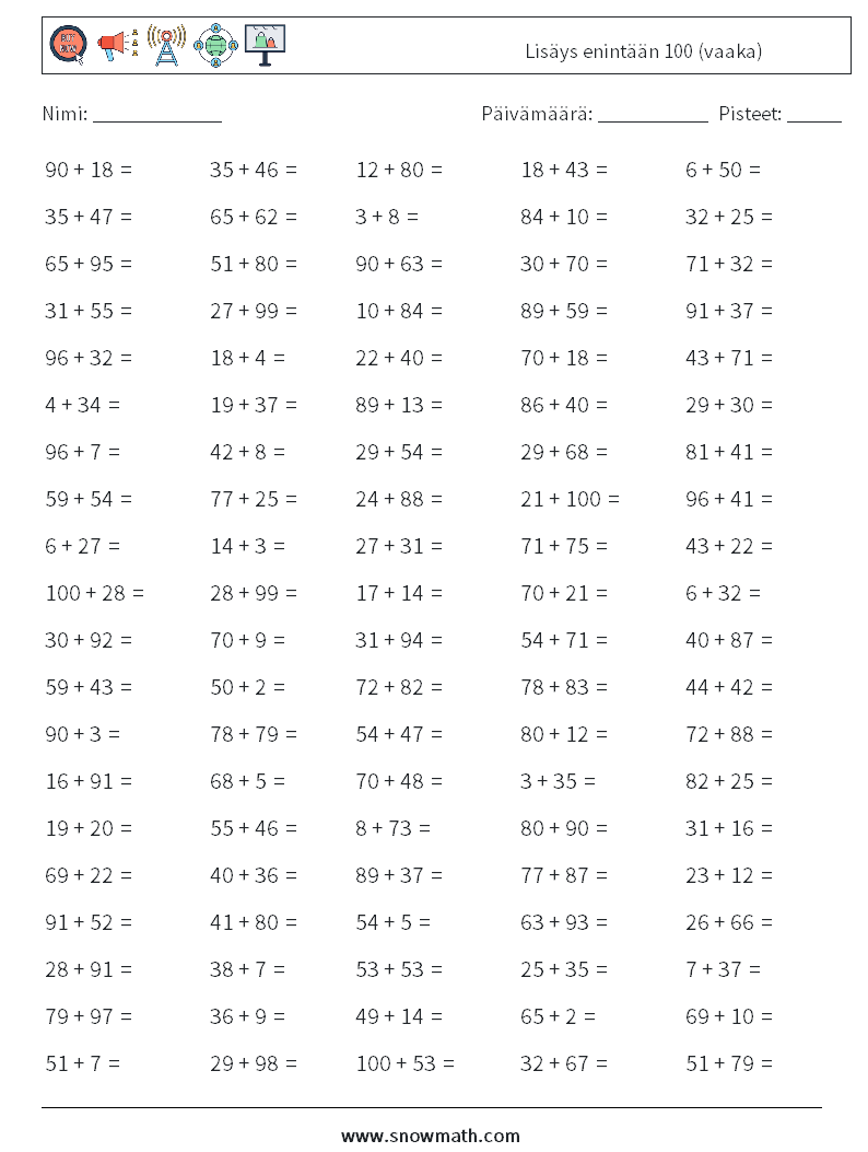 (100) Lisäys enintään 100 (vaaka) Matematiikan laskentataulukot 7