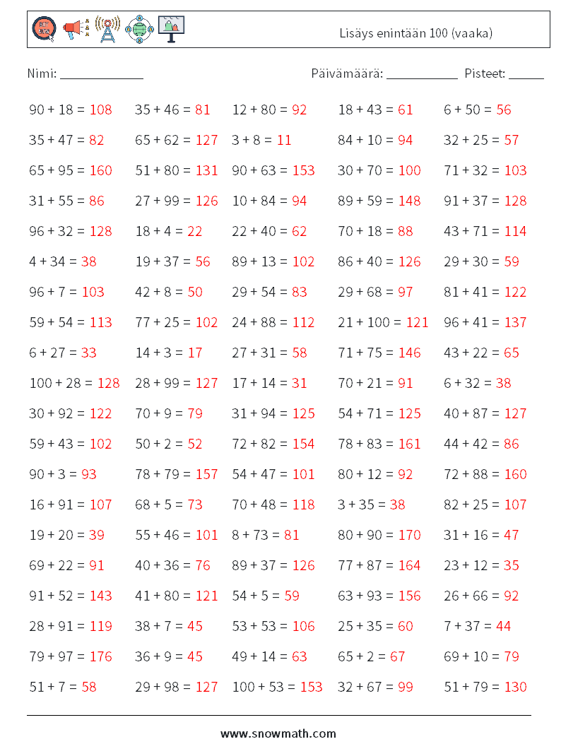 (100) Lisäys enintään 100 (vaaka) Matematiikan laskentataulukot 7 Kysymys, vastaus