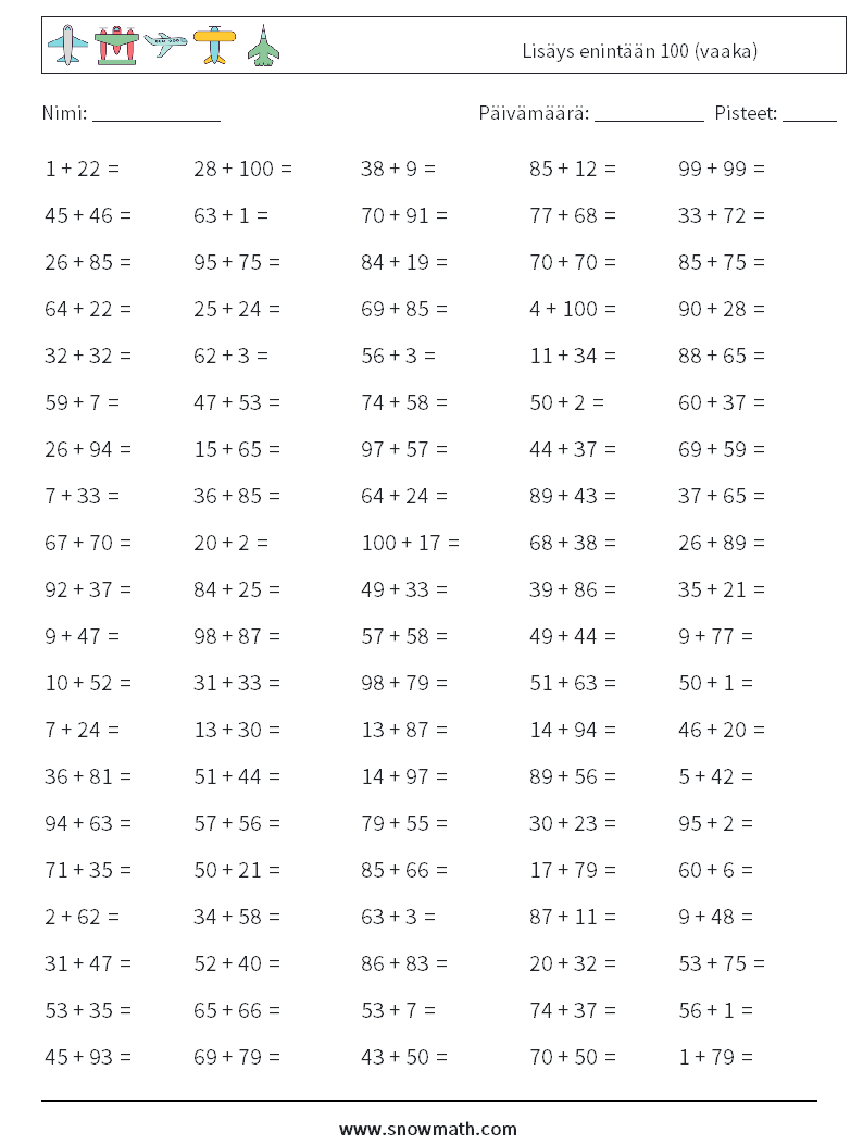 (100) Lisäys enintään 100 (vaaka) Matematiikan laskentataulukot 8