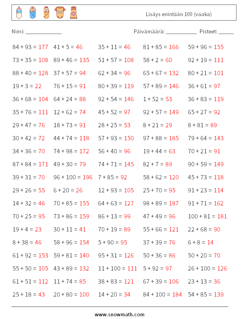 (100) Lisäys enintään 100 (vaaka) Matematiikan laskentataulukot 9 Kysymys, vastaus