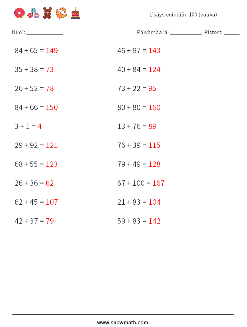 (20) Lisäys enintään 100 (vaaka) Matematiikan laskentataulukot 1 Kysymys, vastaus