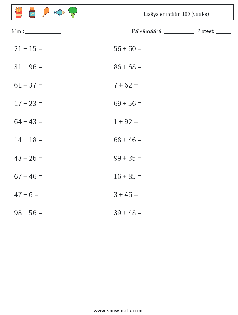 (20) Lisäys enintään 100 (vaaka) Matematiikan laskentataulukot 3