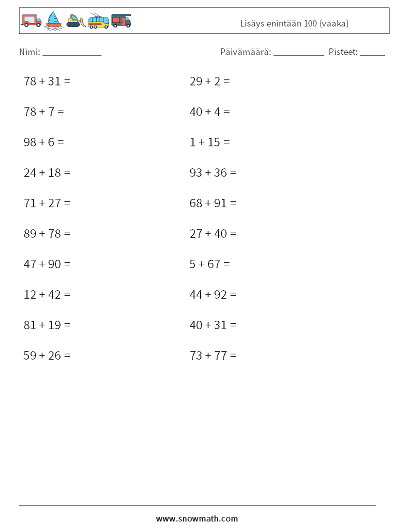 (20) Lisäys enintään 100 (vaaka) Matematiikan laskentataulukot 4