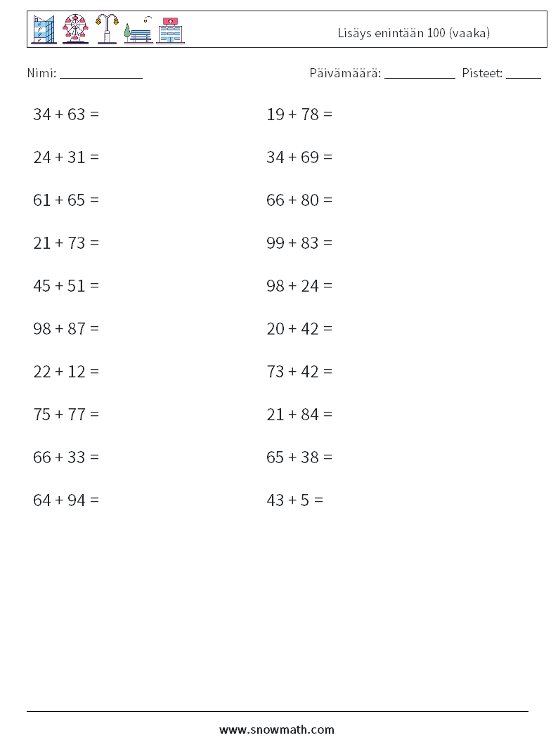 (20) Lisäys enintään 100 (vaaka) Matematiikan laskentataulukot 5