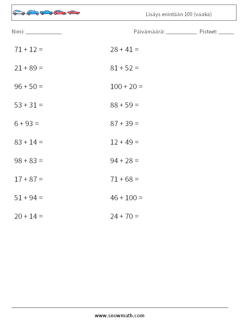(20) Lisäys enintään 100 (vaaka) Matematiikan laskentataulukot 7