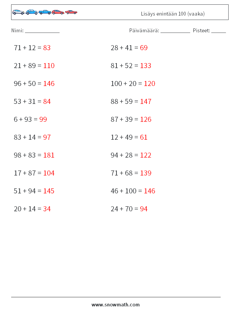 (20) Lisäys enintään 100 (vaaka) Matematiikan laskentataulukot 7 Kysymys, vastaus