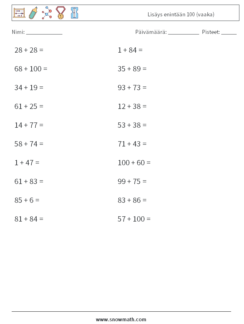 (20) Lisäys enintään 100 (vaaka) Matematiikan laskentataulukot 8