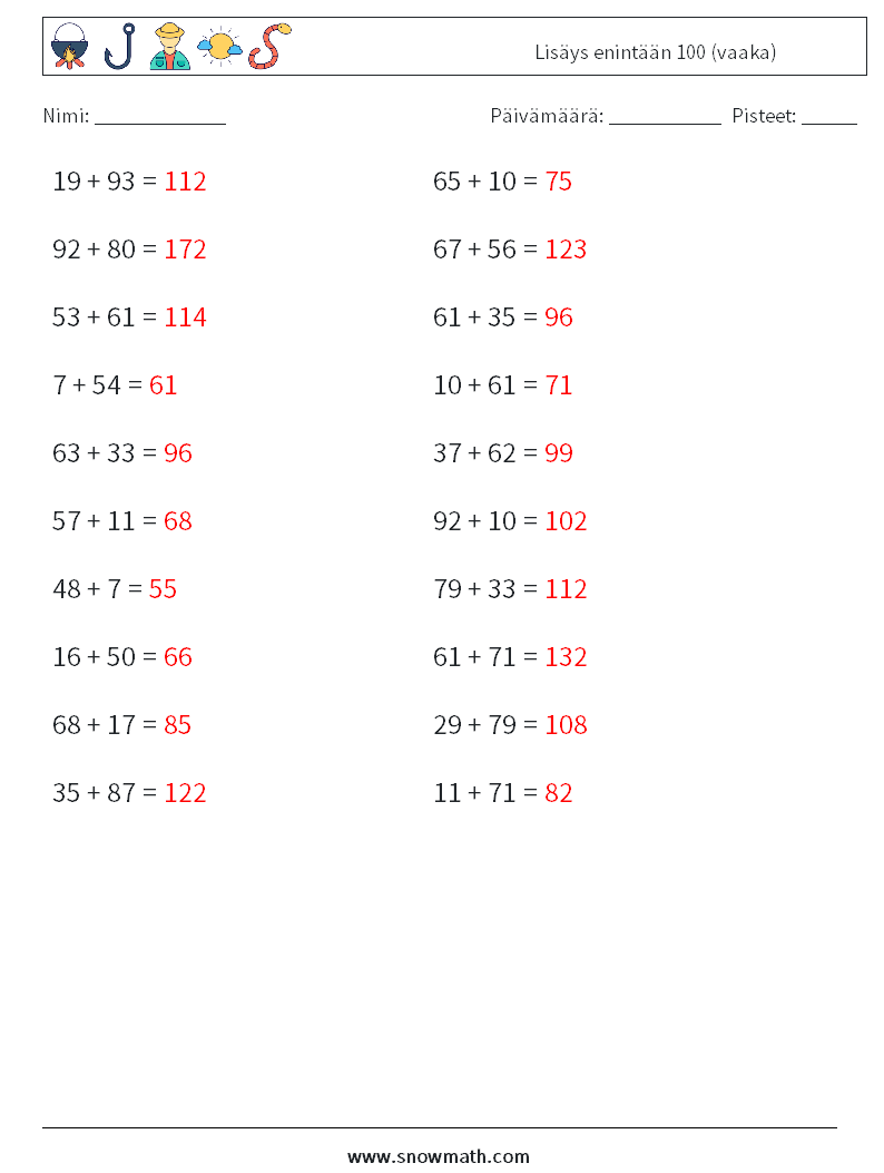 (20) Lisäys enintään 100 (vaaka) Matematiikan laskentataulukot 9 Kysymys, vastaus