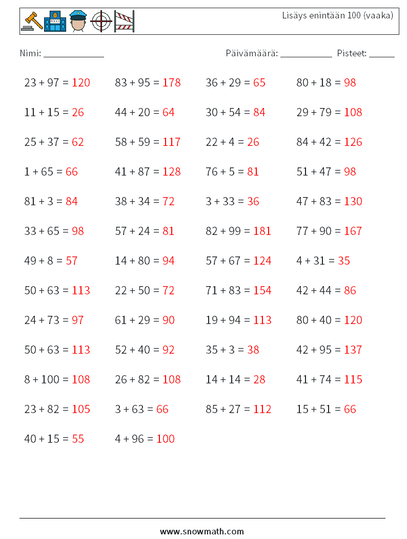(50) Lisäys enintään 100 (vaaka) Matematiikan laskentataulukot 1 Kysymys, vastaus