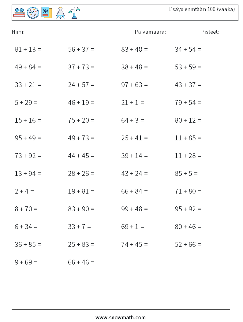 (50) Lisäys enintään 100 (vaaka) Matematiikan laskentataulukot 2