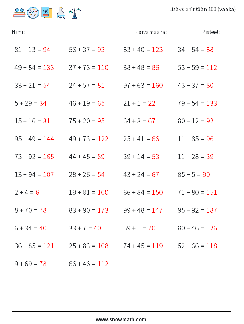 (50) Lisäys enintään 100 (vaaka) Matematiikan laskentataulukot 2 Kysymys, vastaus