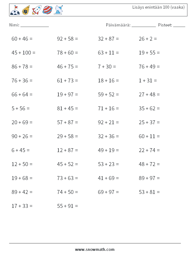 (50) Lisäys enintään 100 (vaaka) Matematiikan laskentataulukot 3