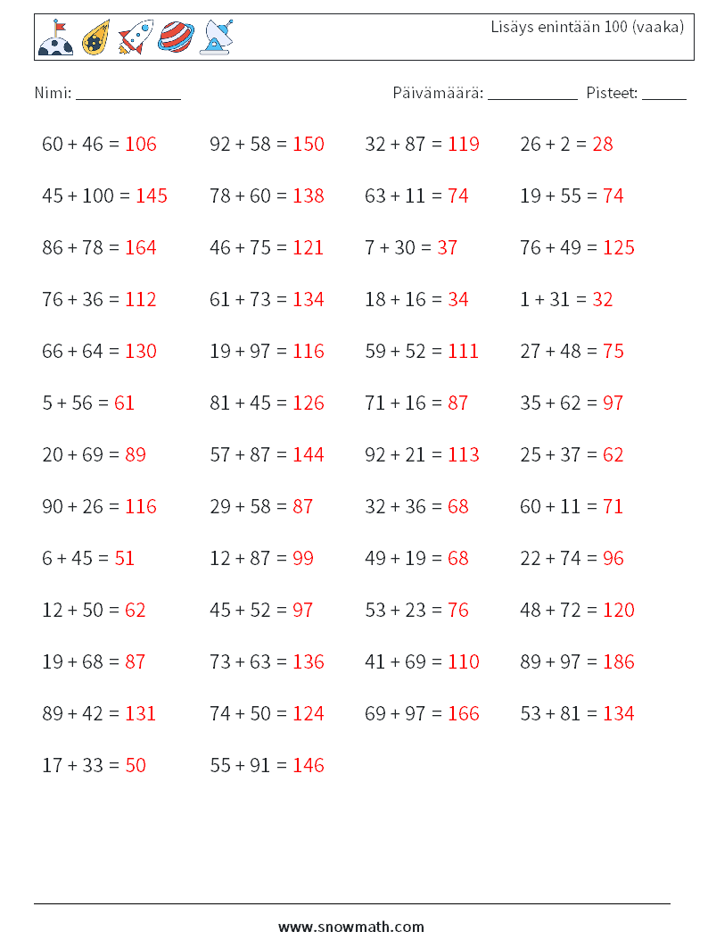 (50) Lisäys enintään 100 (vaaka) Matematiikan laskentataulukot 3 Kysymys, vastaus