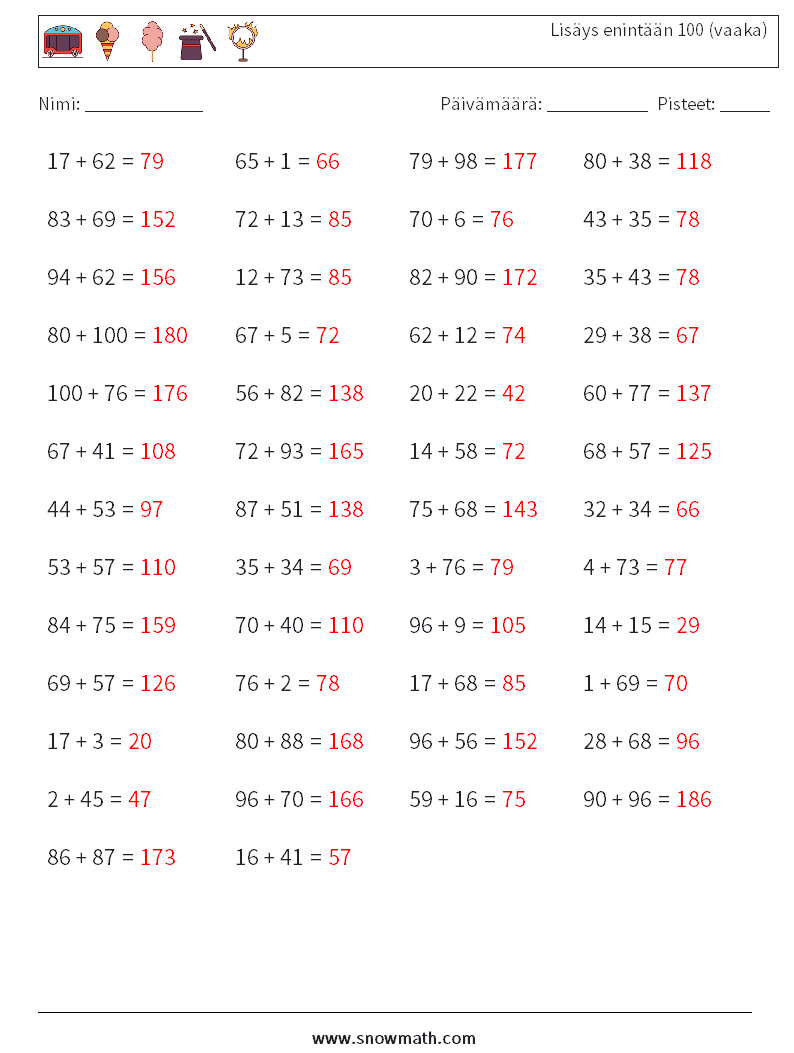 (50) Lisäys enintään 100 (vaaka) Matematiikan laskentataulukot 4 Kysymys, vastaus