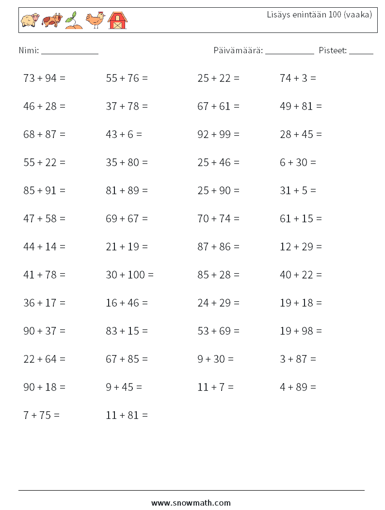 (50) Lisäys enintään 100 (vaaka) Matematiikan laskentataulukot 5