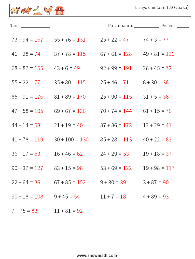 (50) Lisäys enintään 100 (vaaka) Matematiikan laskentataulukot 5 Kysymys, vastaus