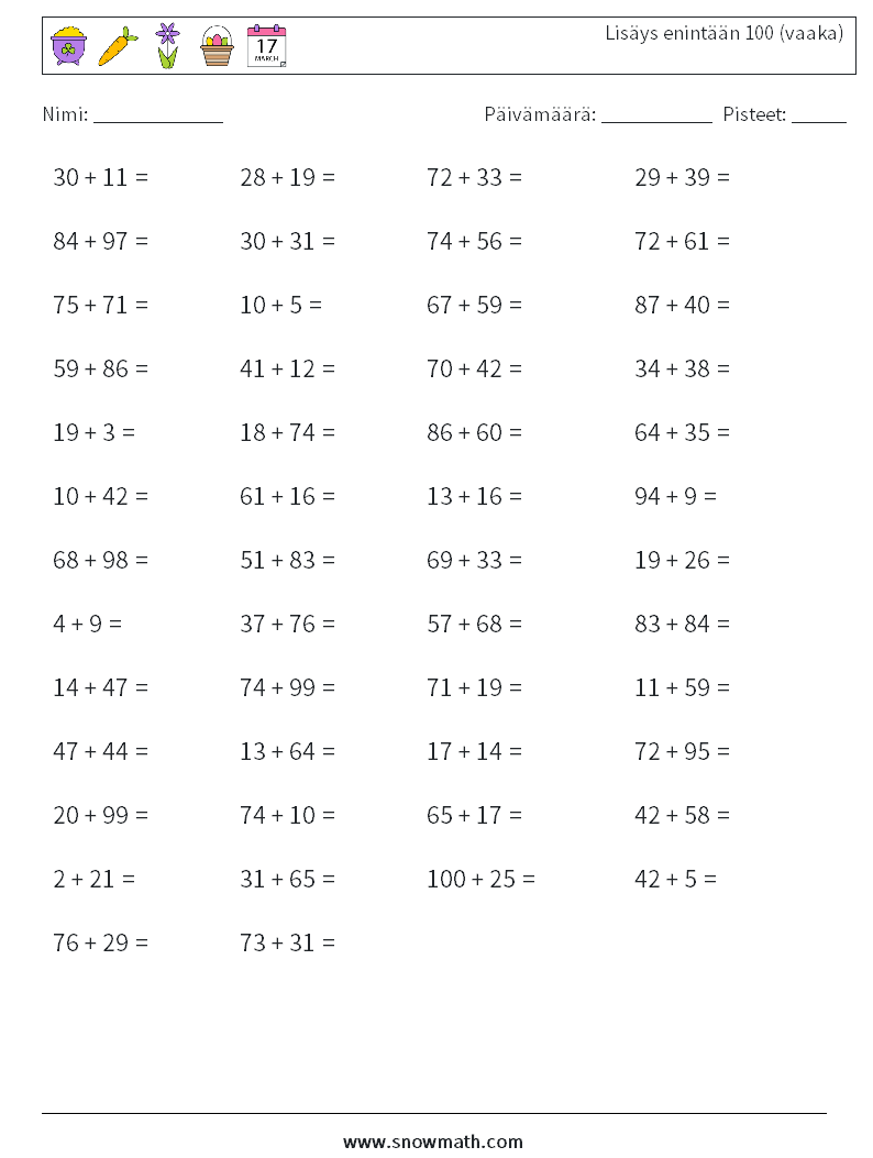 (50) Lisäys enintään 100 (vaaka) Matematiikan laskentataulukot 6