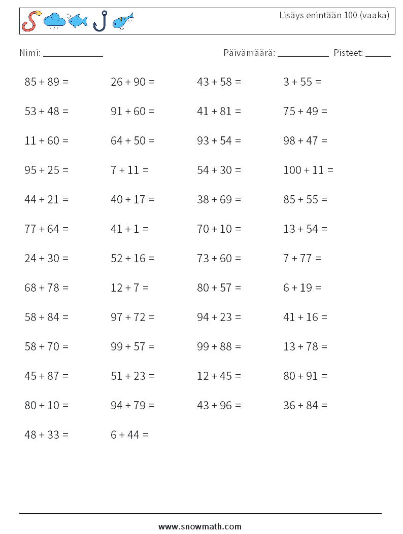 (50) Lisäys enintään 100 (vaaka) Matematiikan laskentataulukot 7